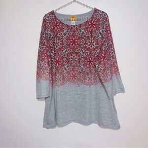 Ruby Rd Women's Red and Gray Patterned Top 1X